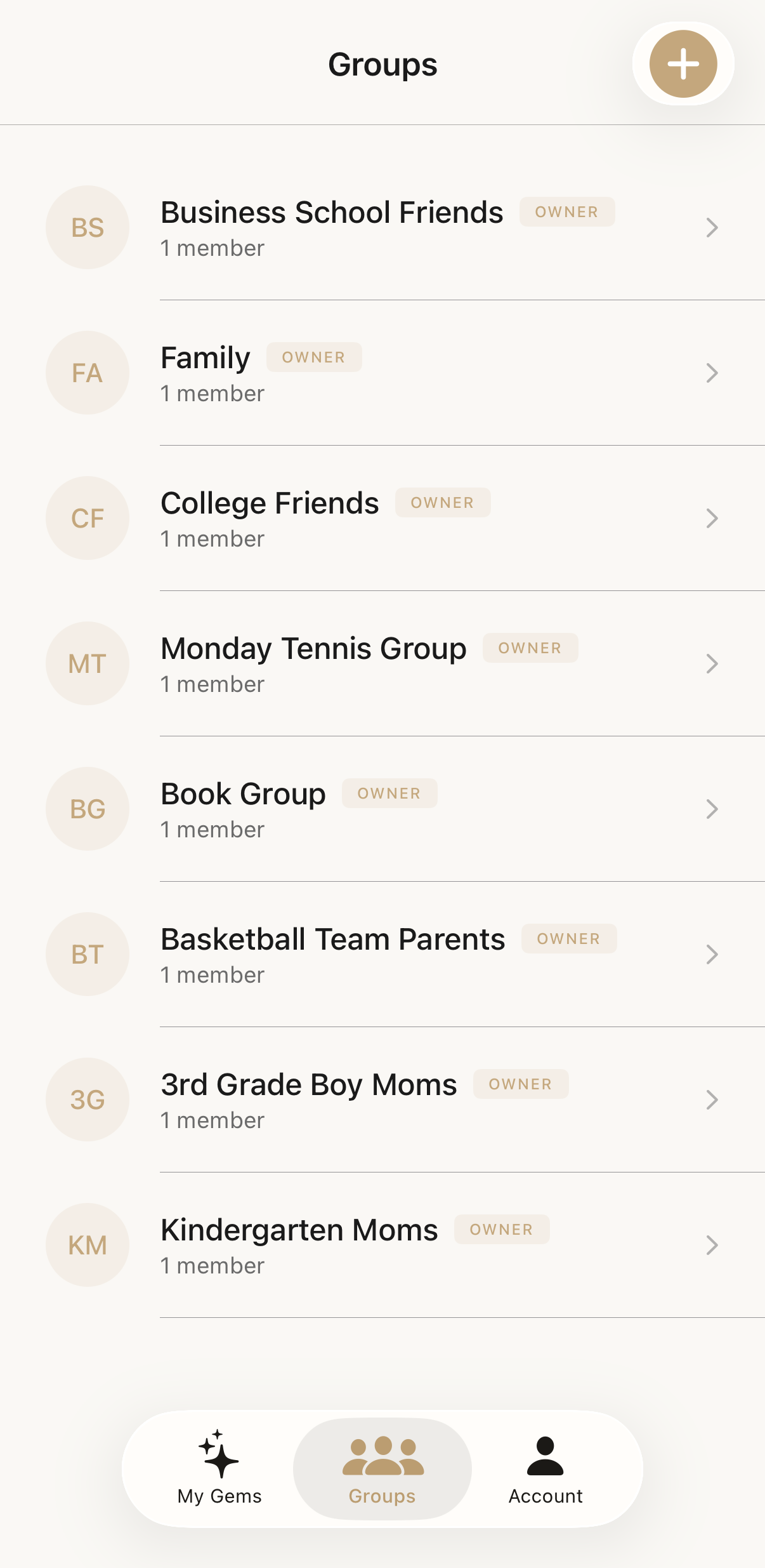 GemBook Groups screen showing private groups like Business School Friends, Family, College Friends, Monday Tennis Group, and Book Group