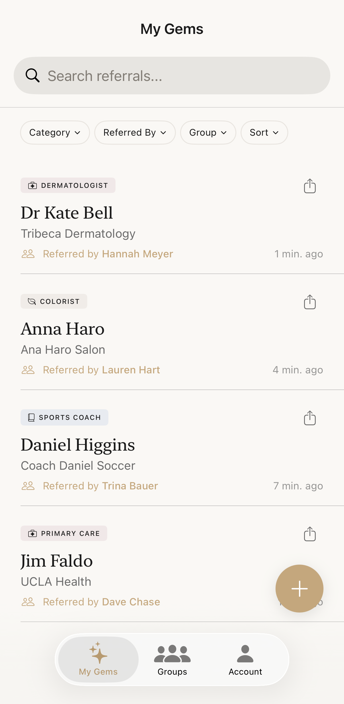 GemBook app showing referral cards for Dr Kate Bell, Anna Haro, Daniel Higgins, and Jim Faldo organized by categories