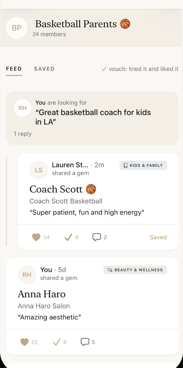 GemBook group feed for Basketball Parents showing a Request a Gem and shared recommendations with loves, vouches, and comments